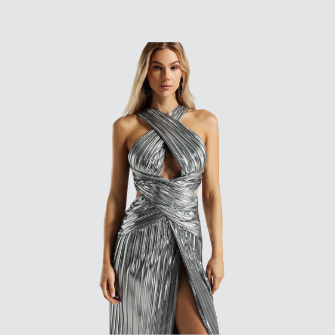 Elsa Metallic Criss Cross Halter Neck Dress