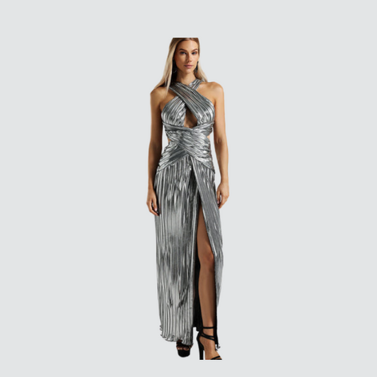 Elsa Metallic Criss Cross Halter Neck Dress