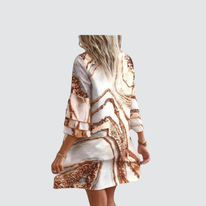 Marble Print Bell Sleeve Casual Dress