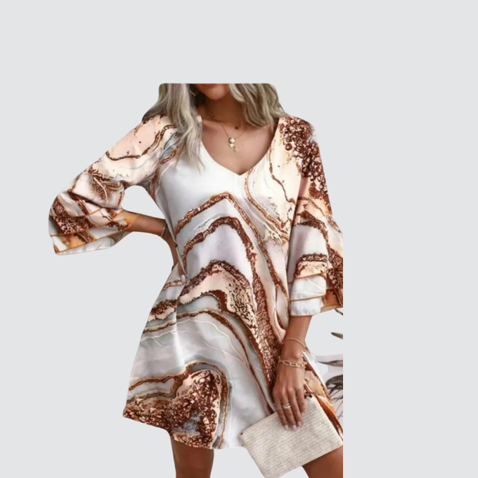 Marble Print Bell Sleeve Casual Dress